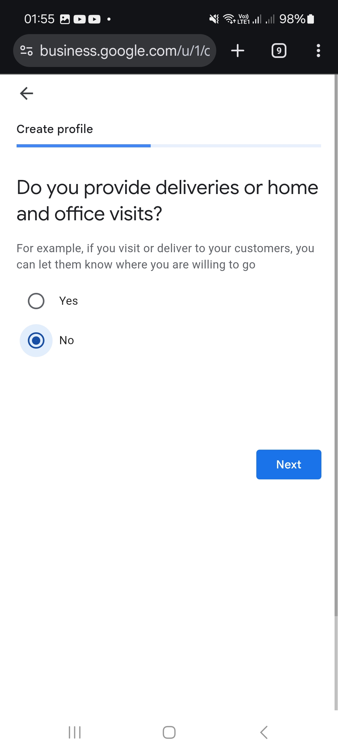Déplacements ou livraisons : choisissez « Yes » si vous intervenez chez vos clients, sinon « No », puis « Next ».