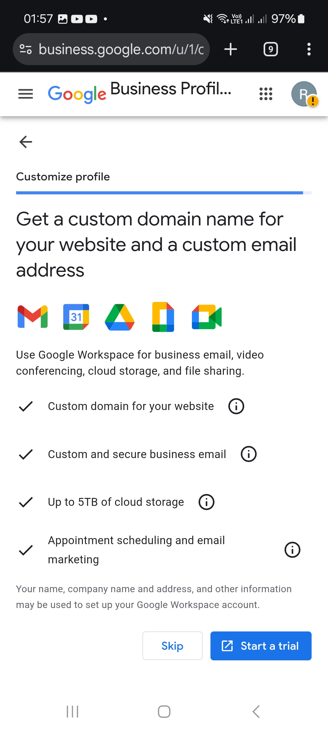 Google Workspace : cliquez sur « Skip » si vous ne souhaitez pas souscrire à cette offre facultative.