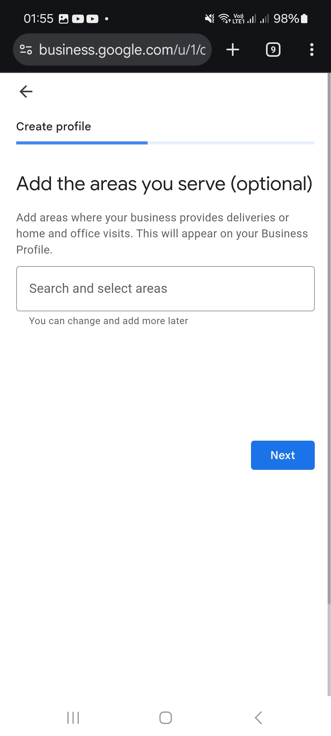Zones desservies : ajoutez les villes ou secteurs où vous intervenez dans « Search and select areas ».