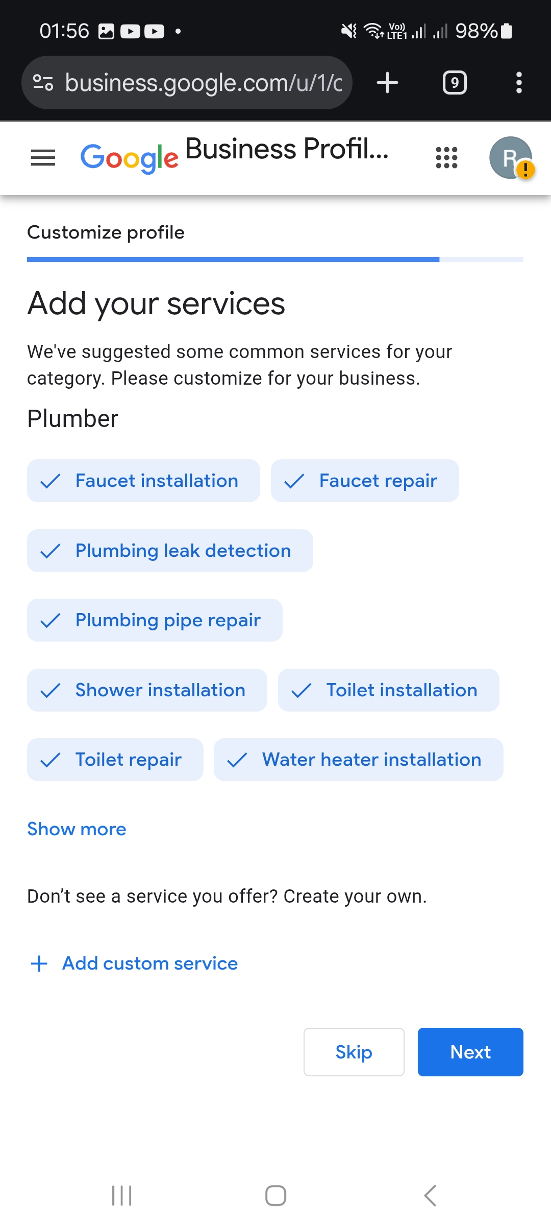 Services : sélectionnez uniquement les prestations que vous proposez, ou ajoutez-les avec « Add custom service ».