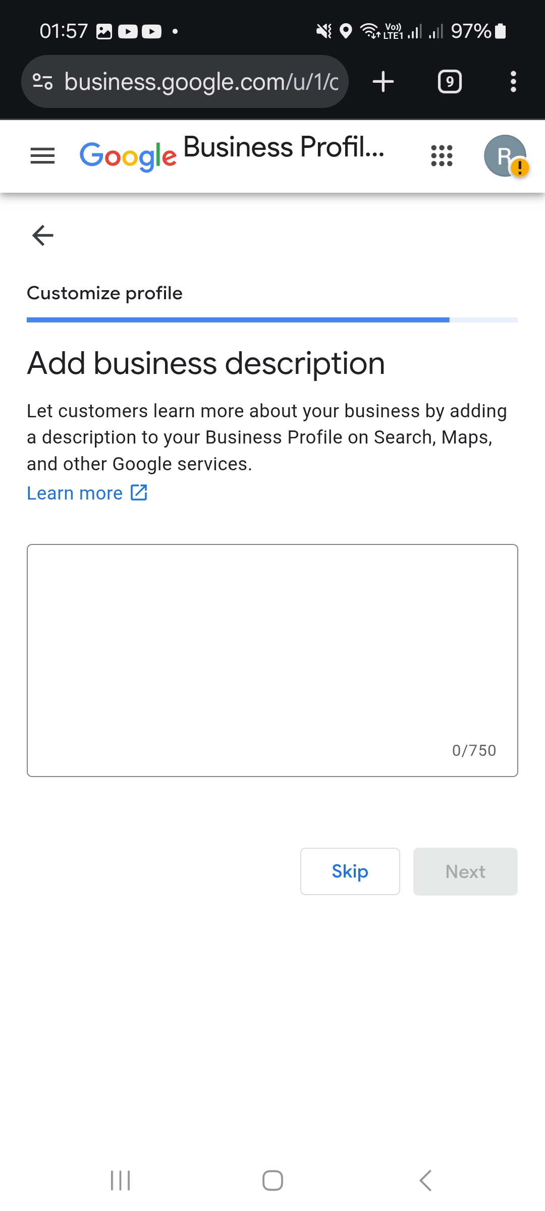 Description : présentez votre activité dans « Enter a description », puis continuez avec « Next ».
