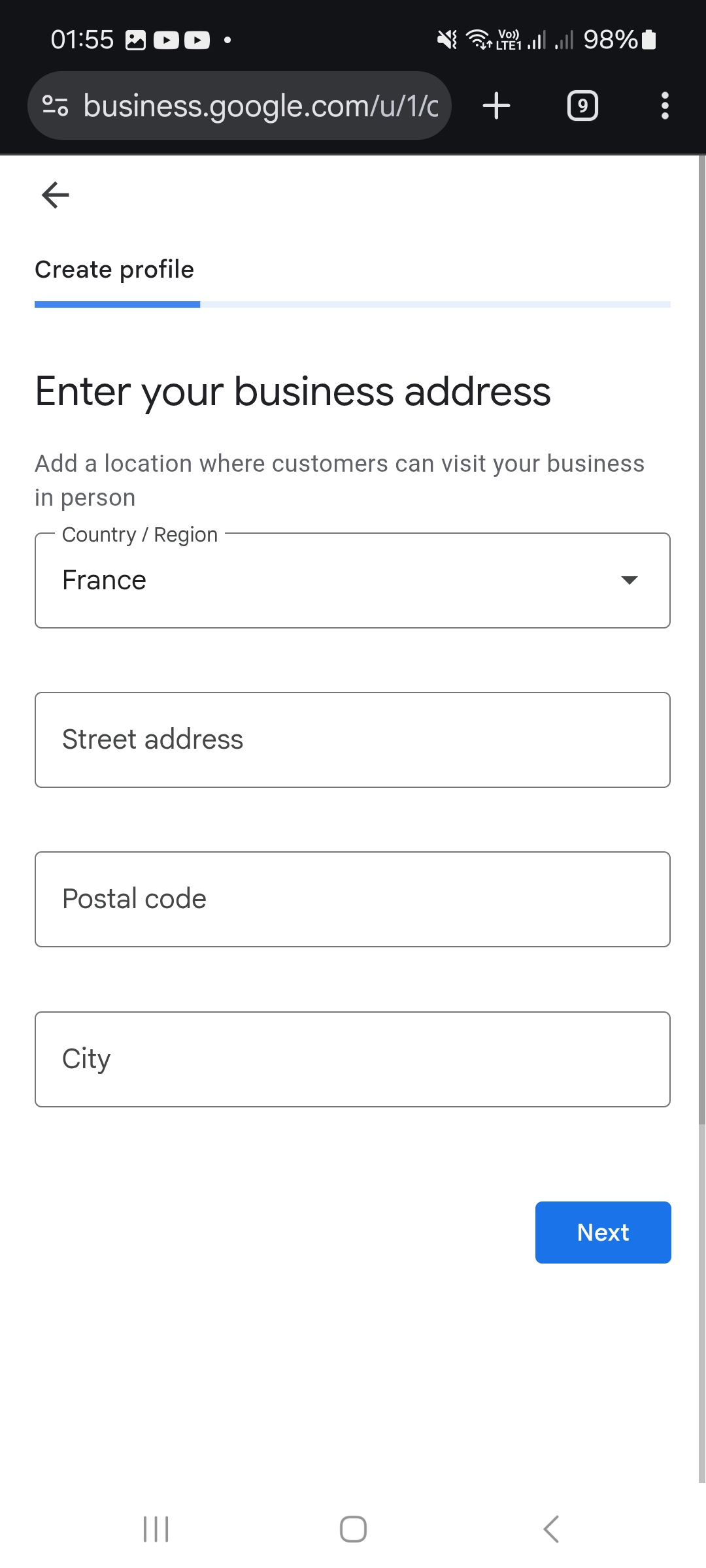 Adresse : choisissez votre pays, puis renseignez rue, code postal et ville. Cliquez sur « Next ».