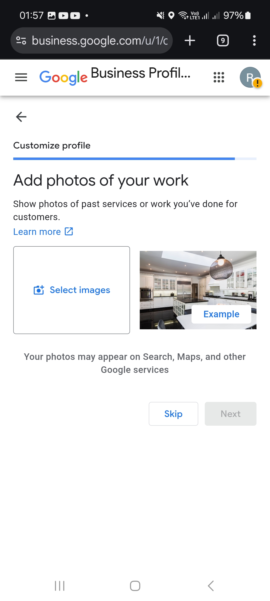 Photos de votre travail : ajoutez vos propres réalisations avec « Select images ». Les visuels « Example » sont des exemples de Google.