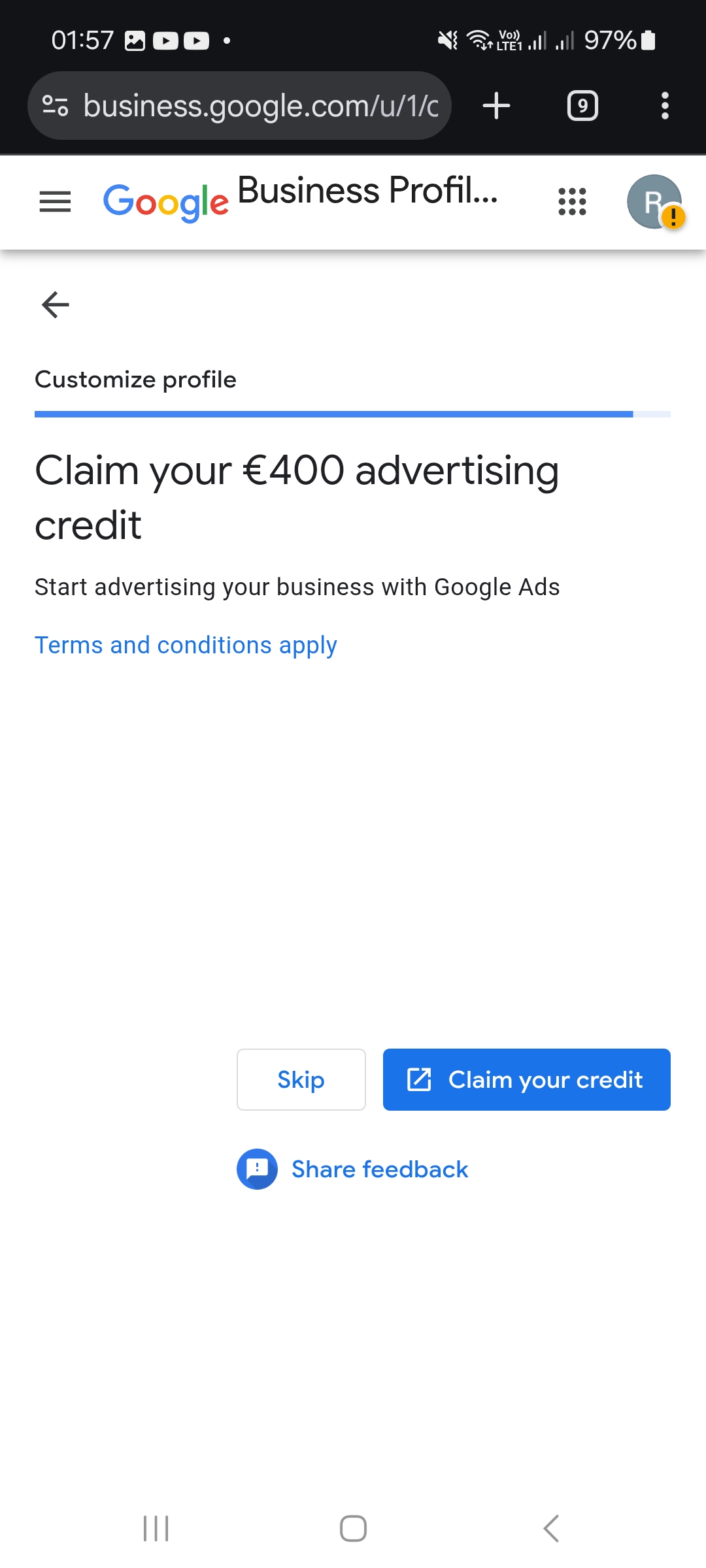 Google Ads : « Skip » permet de passer cette offre facultative. Le crédit affiché dans la capture est soumis à conditions et peut varier.