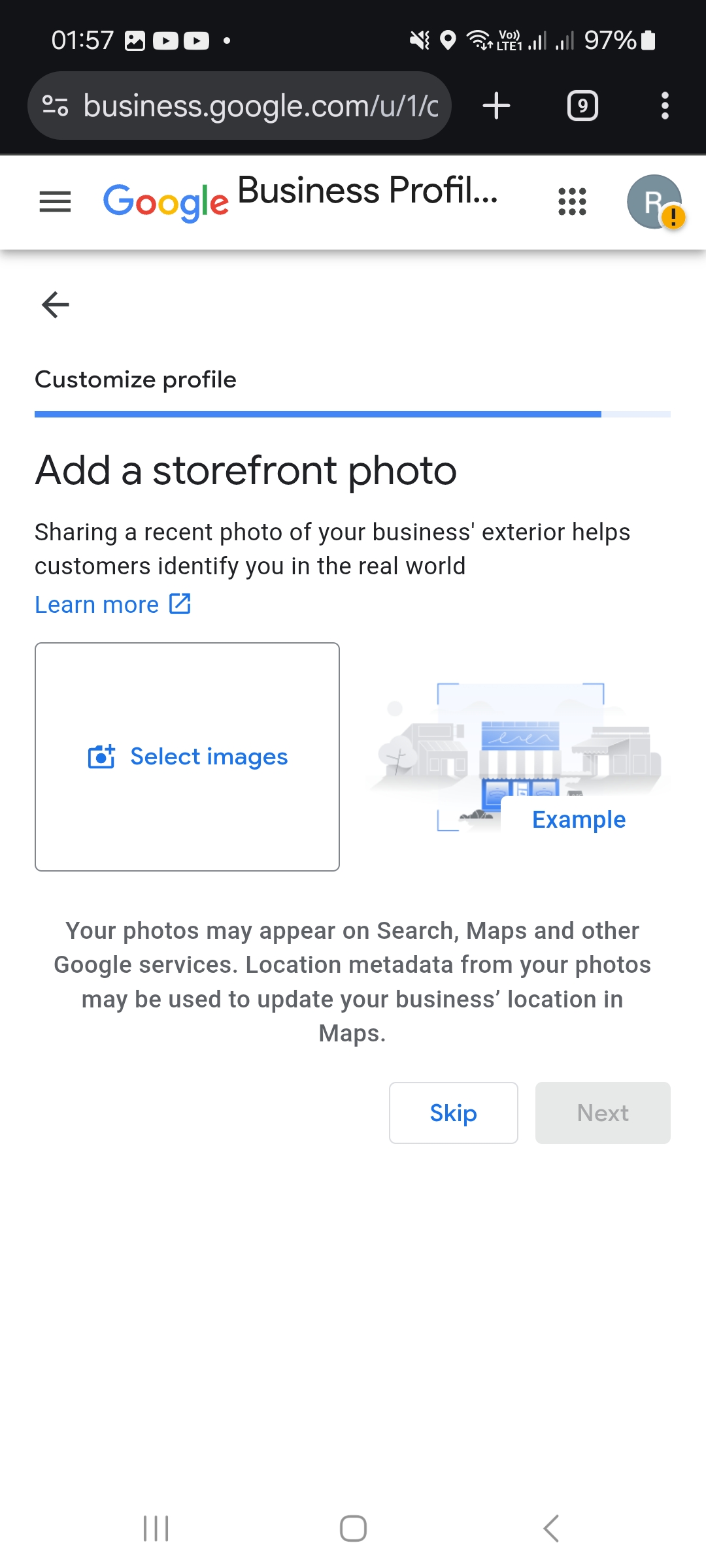 Devanture : utilisez « Select images » pour ajouter une vraie photo de votre établissement, si vous en avez un.
