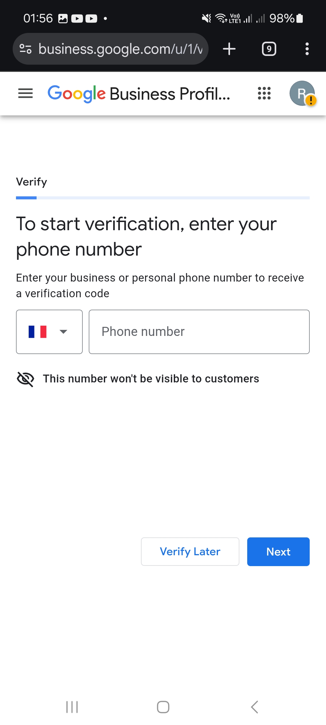 Si Google propose cette méthode, indiquez le numéro permettant de recevoir le code et cliquez sur « Next ». « Verify Later » reporte la vérification.